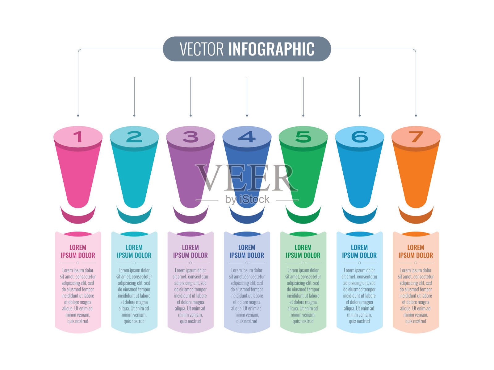 透视图列信息图模板。七步滚筒信息模板。商业资讯图模板插画图片素材