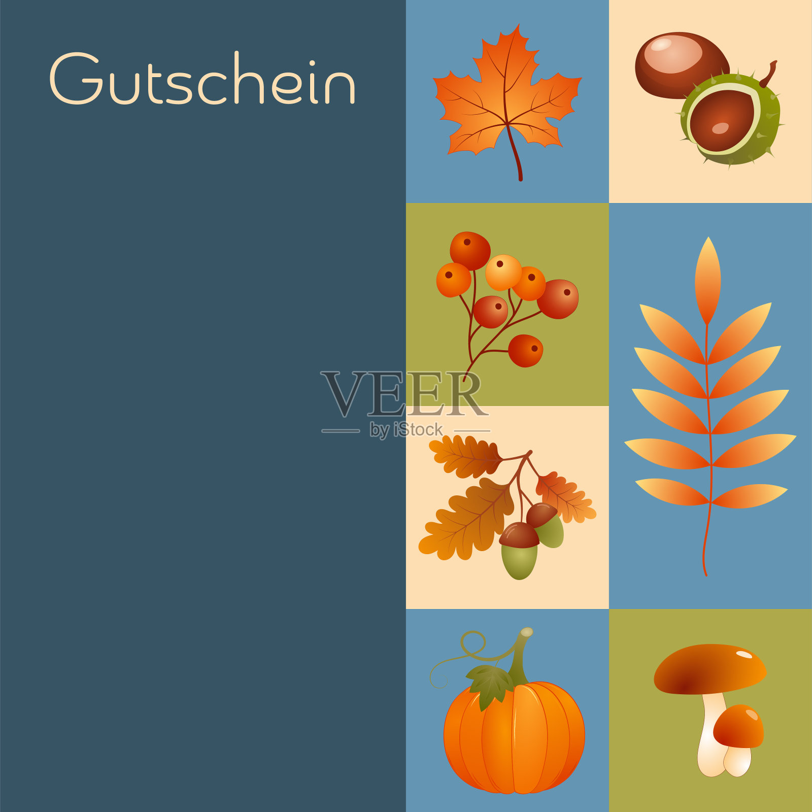 Gutschein -德文文本-凭证。方形卡片上有南瓜、枫叶、橡子、浆果、栗子和蘑菇。插画图片素材