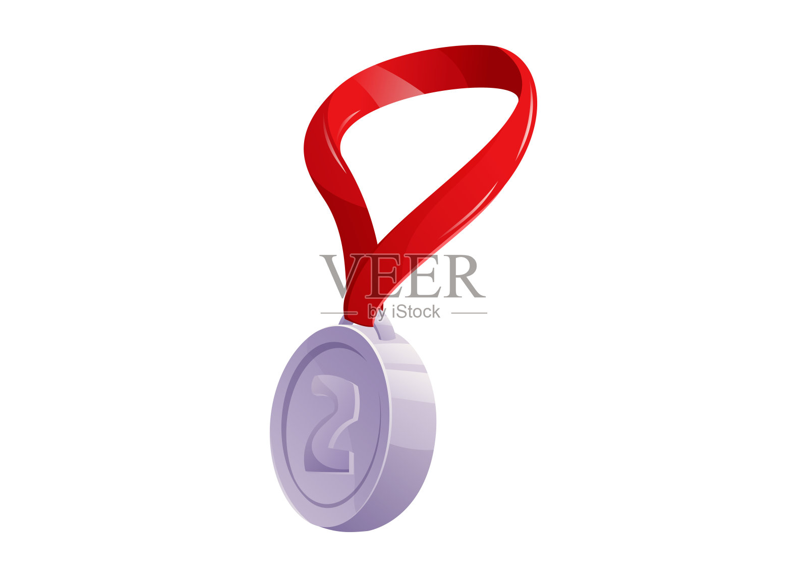 银牌冠军奖牌，红丝带孤立在白色上。第二名。矢量卡通插图。插画图片素材