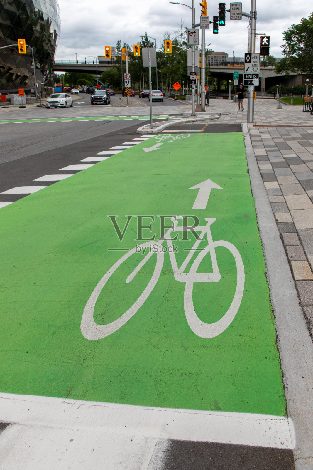 渥太华市中心的自行车道。城市人行道上的自行车道标志。照片摄影图片