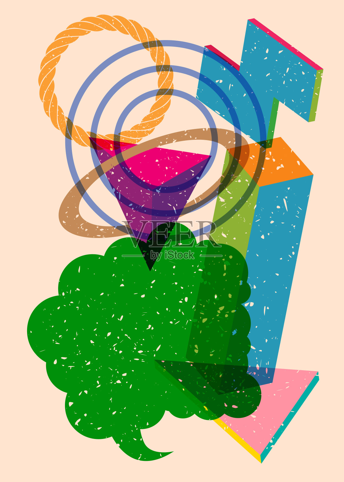 具有几何形状的Risograph语音气泡。物体在繁忙的riso图形打印纹理风格设计与几何元素。插画图片素材