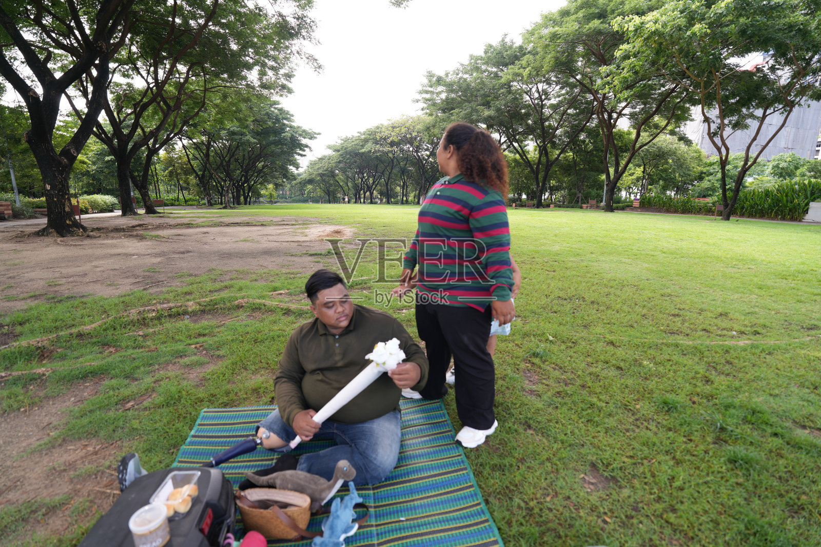 一个又大又胖的亚洲家庭，爸爸、妈妈、女儿在公园里野餐，他们坐着吃零食。他们坐着做作业，互相送花。他们很开心。照片摄影图片