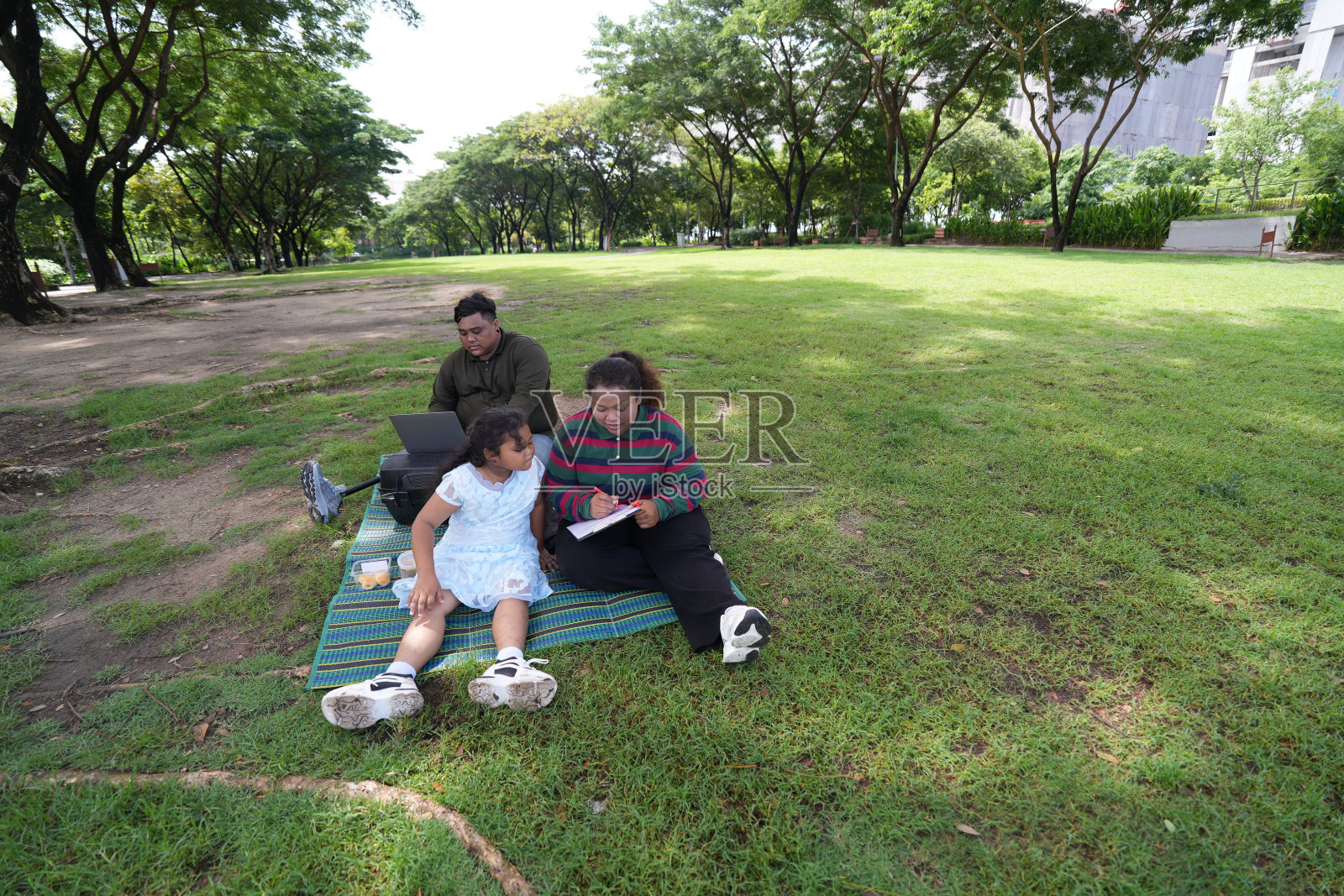 一个又大又胖的亚洲家庭，爸爸、妈妈、女儿在公园里野餐，他们坐着吃零食。他们坐着做作业，互相送花。他们很开心。照片摄影图片