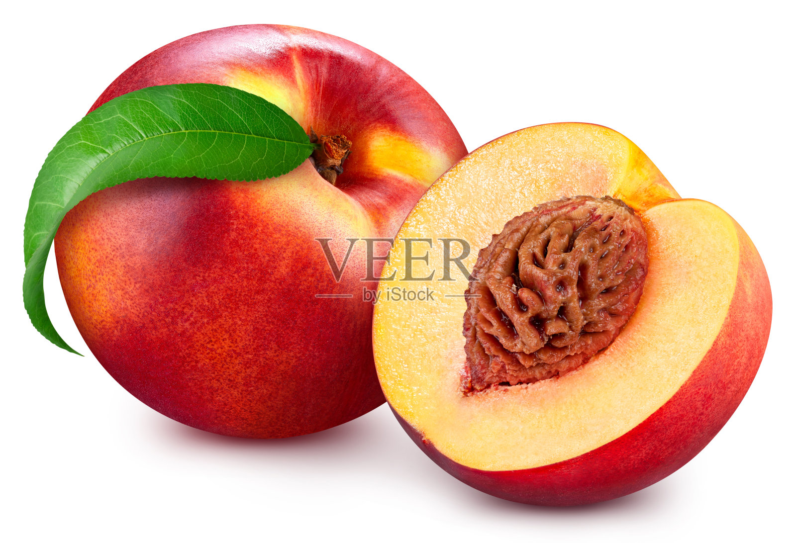 桃树，绿叶孤立在白色背景上照片摄影图片