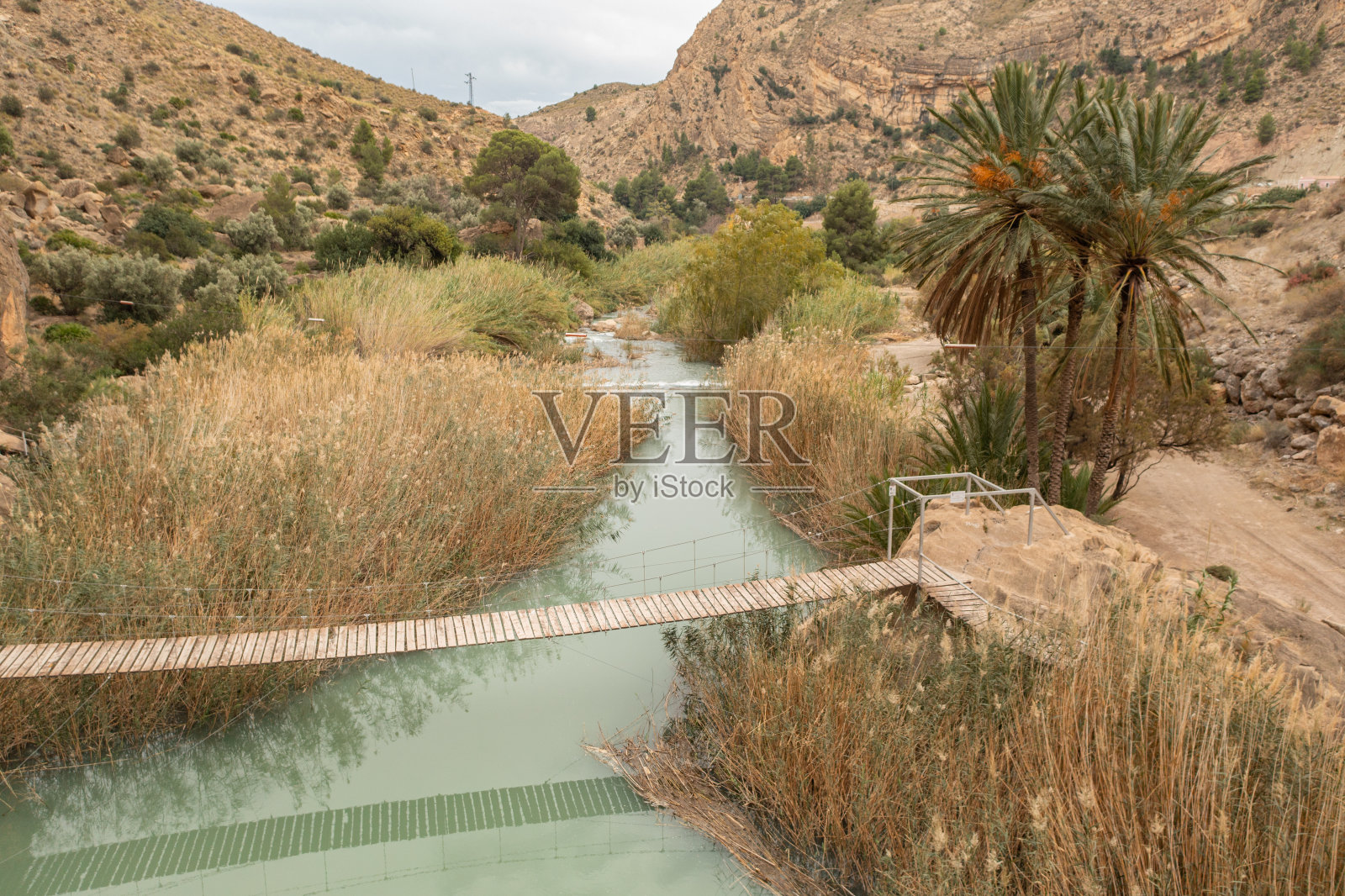 穆尔西亚美丽的木质吊桥鸟瞰图照片摄影图片