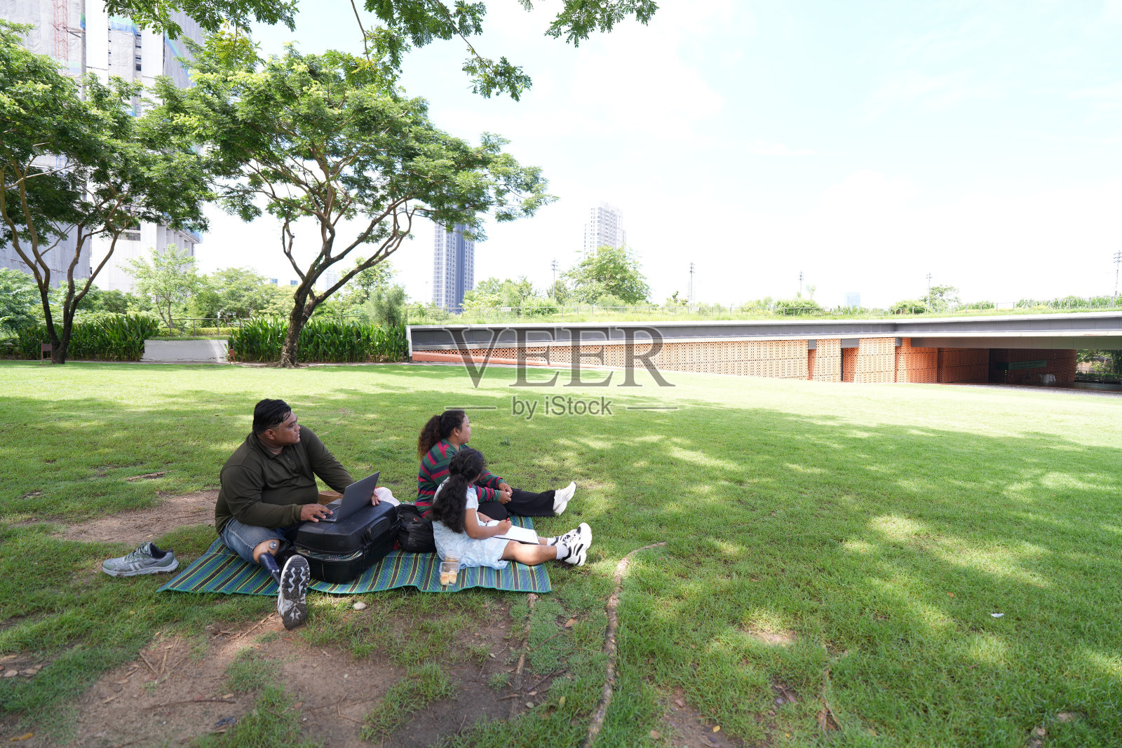 一个又大又胖的亚洲家庭，爸爸、妈妈、女儿在公园里野餐，他们坐着吃零食。他们坐着做作业，互相送花。他们很开心。照片摄影图片