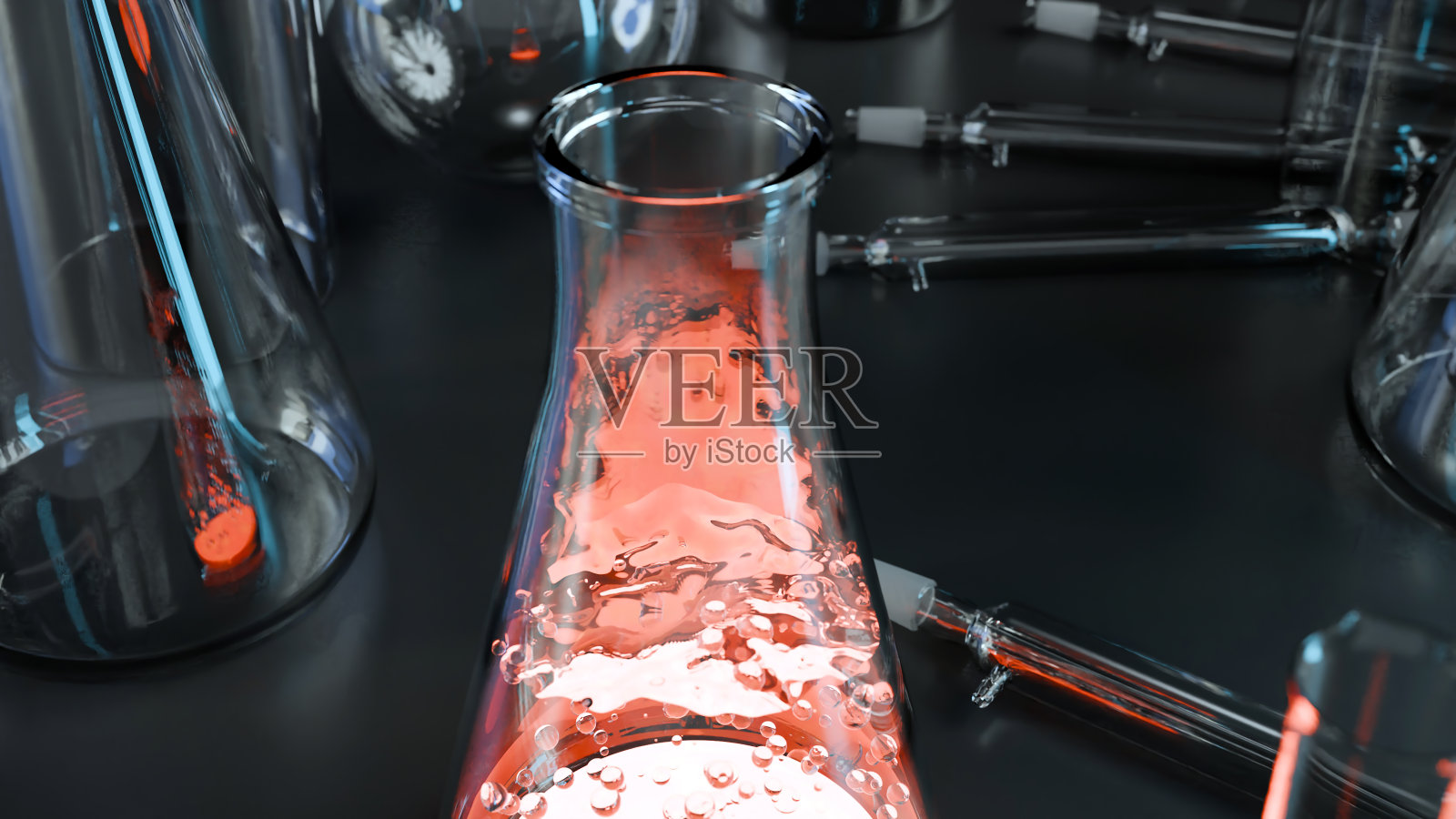 玻璃Erlenmeyer用沸腾的液体，水在实验室烧瓶中开始沸腾，蒸汽从顶部逸出，猎鹰或药水或烧杯，试管，加热水，科学实验，3d渲染照片摄影图片