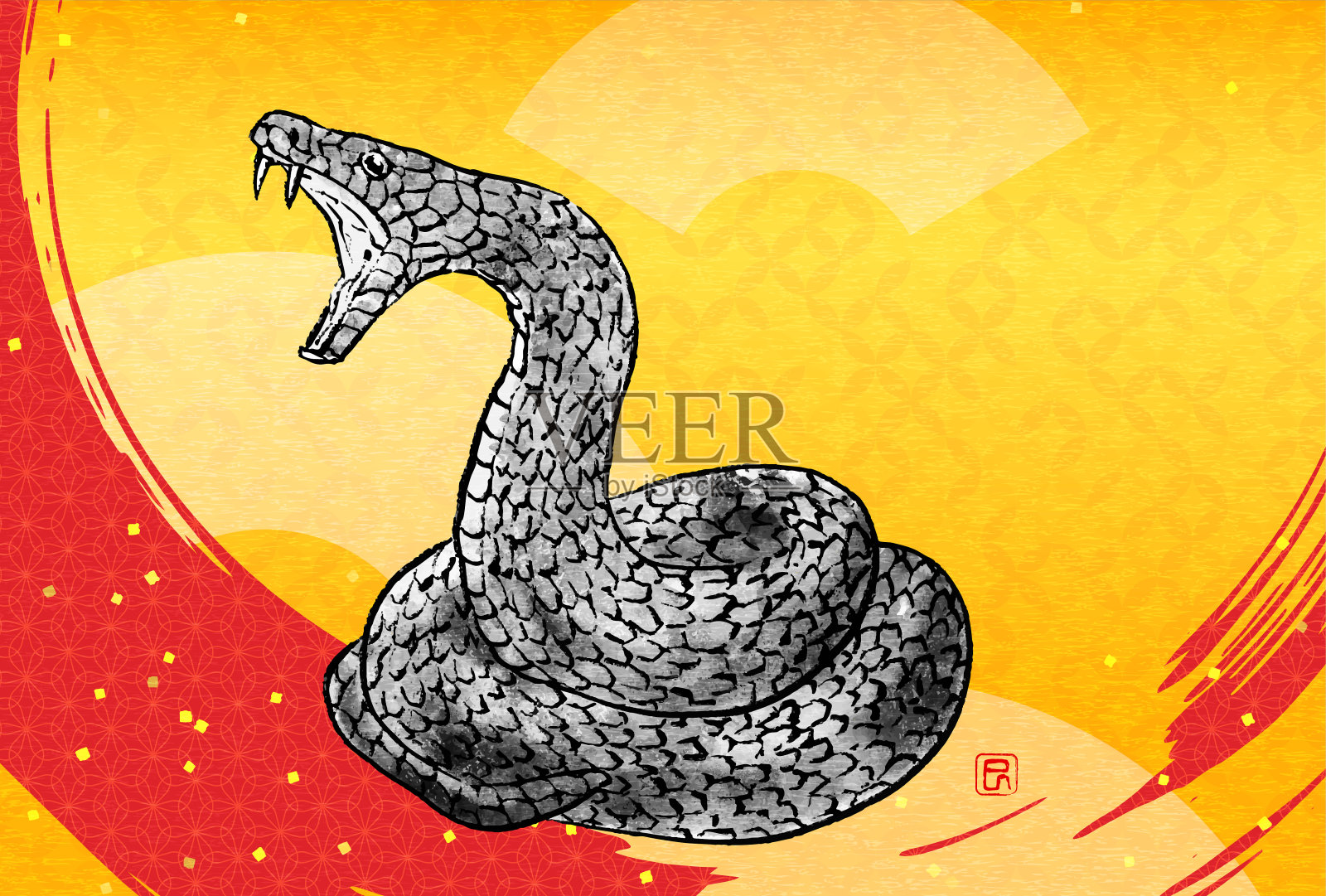 日式蛇年新年贺卡2025，日式背景上有一条盘绕的凶蛇，以水墨画的风格和笔触绘制。插画图片素材