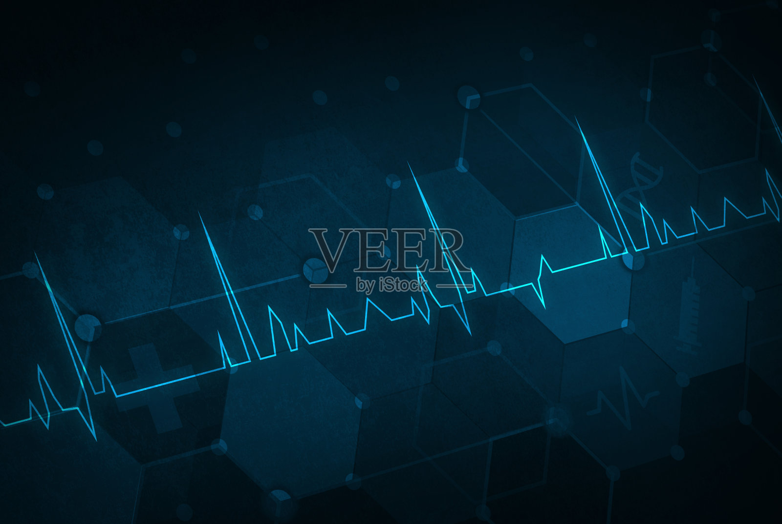 蓝色纹理心跳线抽象健康概念背景，带有发光节拍线的现代医疗背景插画图片素材