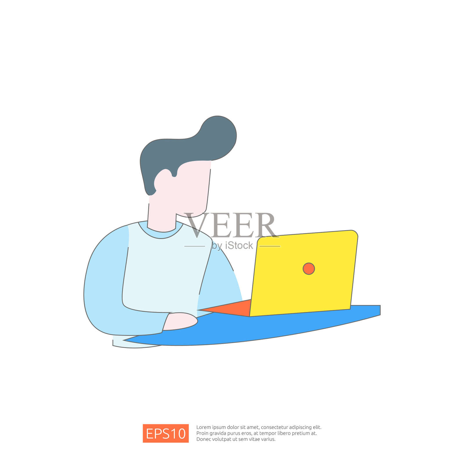 在笔记本电脑上工作的人，孤立的白色背景，简单的插图。远程工作，自由职业者，在线业务，数字通信的概念。插画图片素材