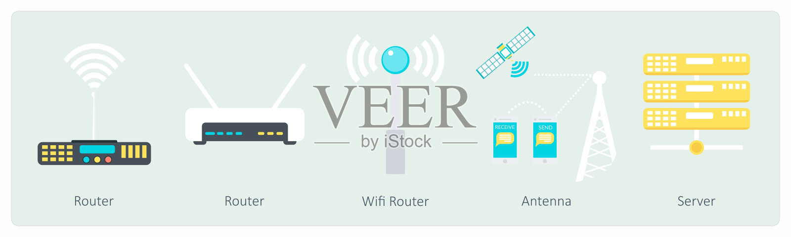 包含路由器、无线网络路由器、天线的5个通信图标集插画图片素材