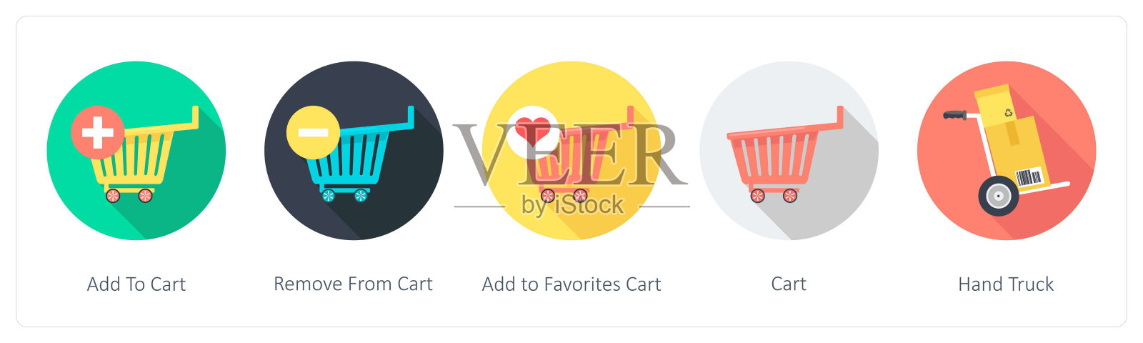 一组5个购物图标添加到购物车，从购物车中删除，添加到收藏购物车插画图片素材