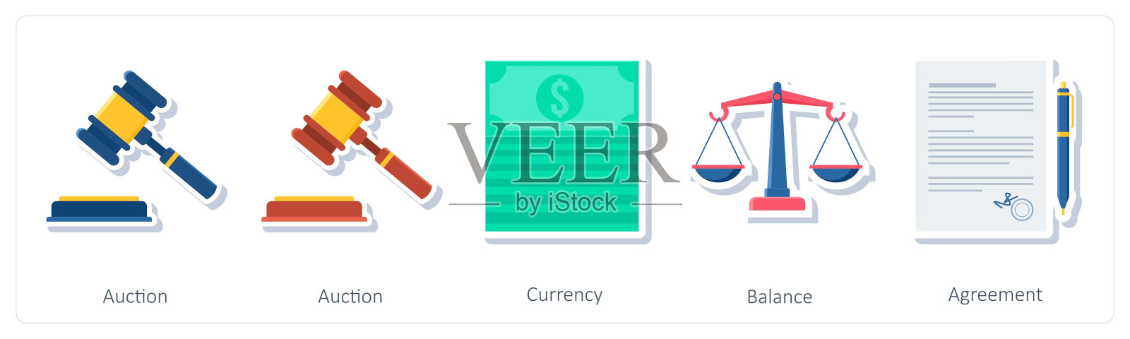 一套5个商业图标作为拍卖，货币，平衡插画图片素材