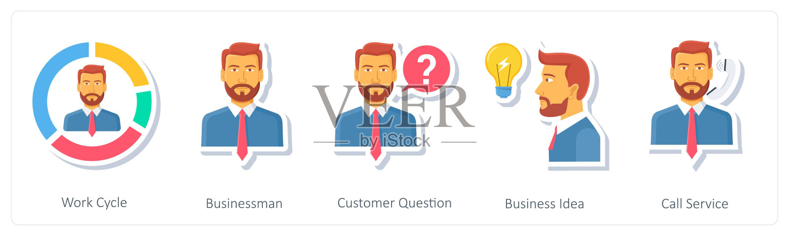 一组5个商业图标，如工作周期，商人，客户问题插画图片素材