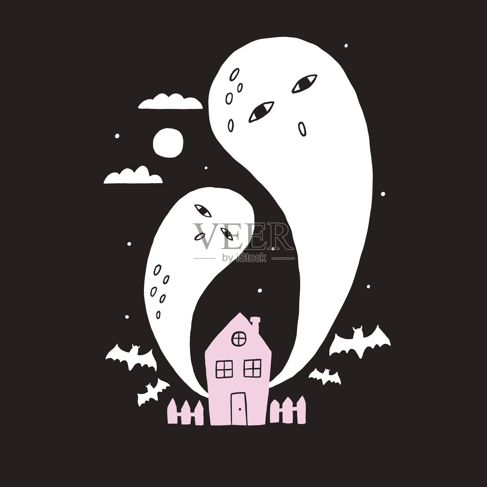 夜间在房子上空盘旋的异想天开的鬼魂插画图片素材