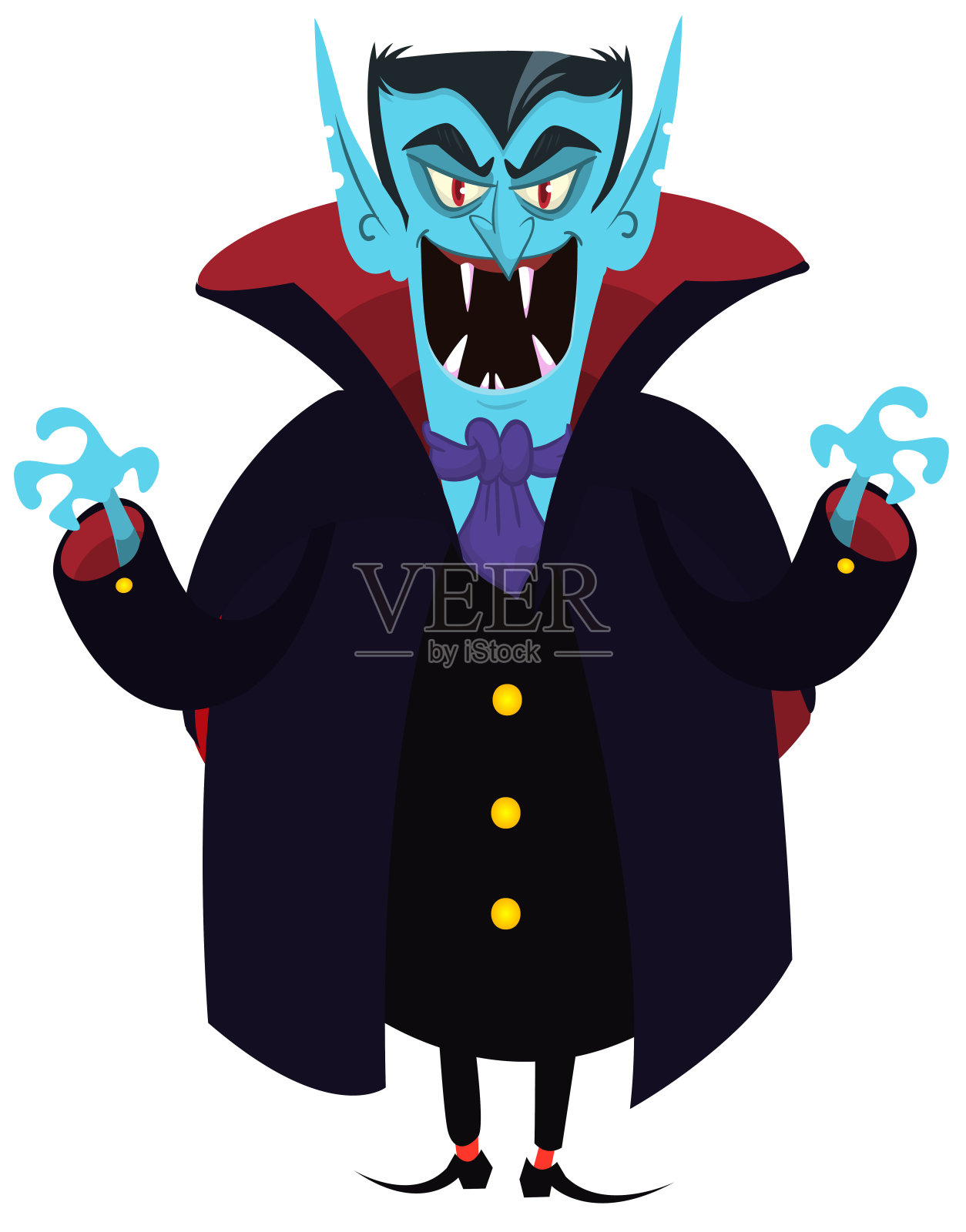 有趣的卡通吸血鬼插图在黑色斗篷挥舞双手。孤立于白色插画图片素材