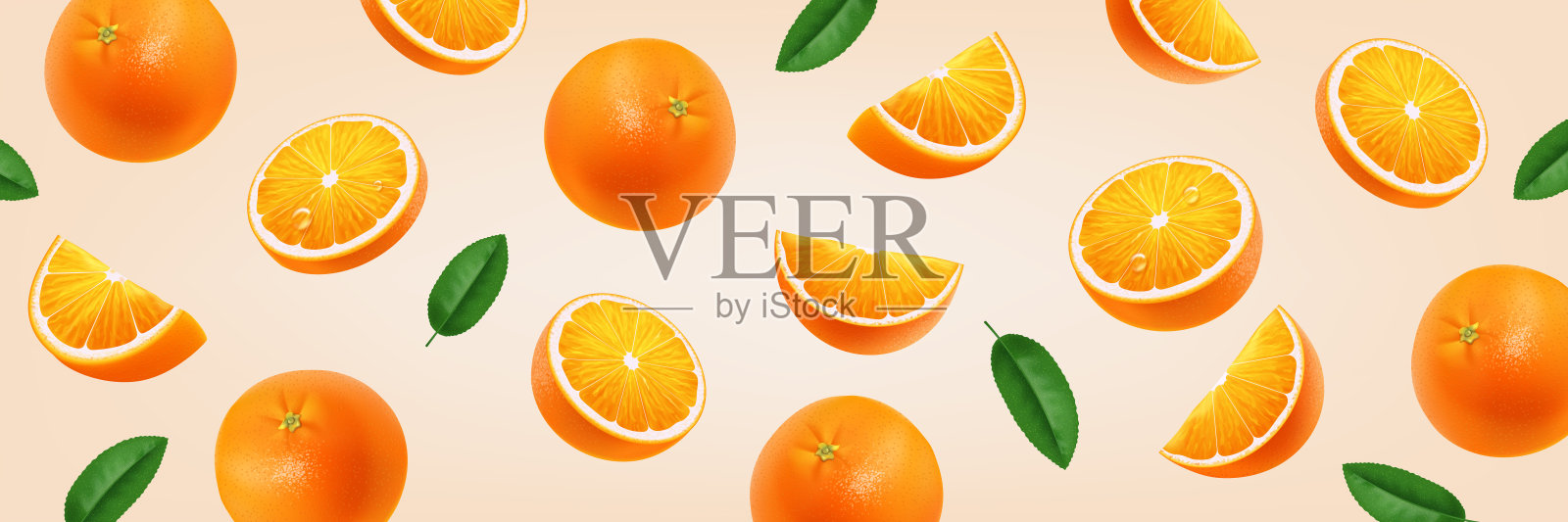新鲜的橙色水果落在浅色的背景上。矢量写实插图与整个，切片和片柑橘和绿叶。插画图片素材