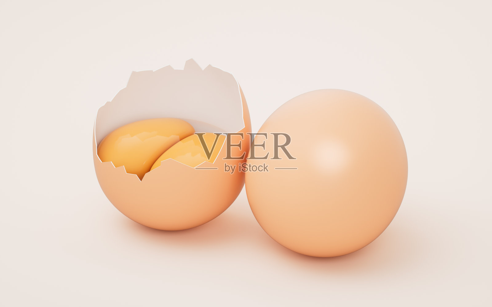 有裂纹的双蛋黄蛋，3d渲染。照片摄影图片