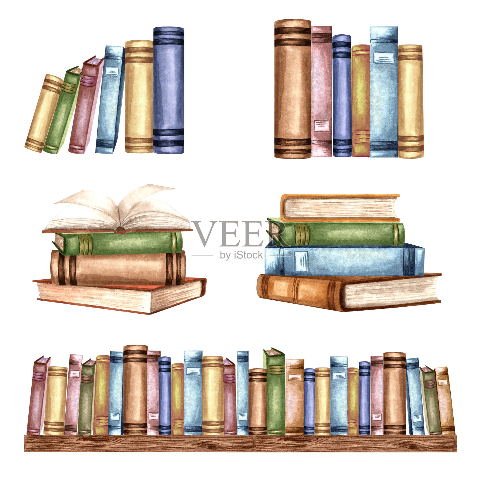 书堆成一排，放在木书架上。一套孤立的手绘水彩插图。概念旧图书馆教科书不同的颜色。知识普及。剪贴画卡片，邀请，打印插画图片素材