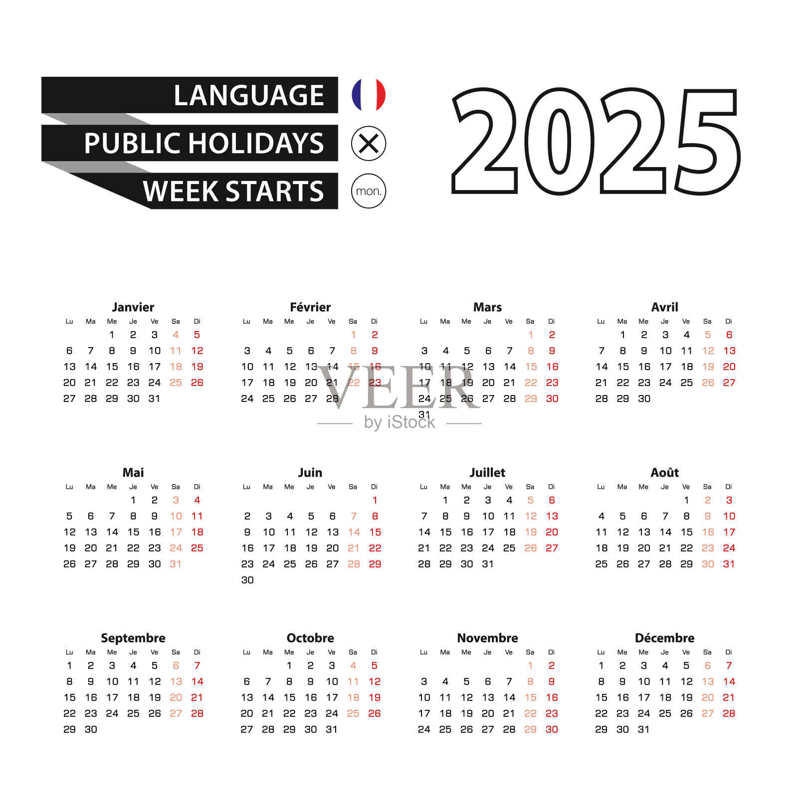 法语日历2025，一周从星期一开始。插画图片素材