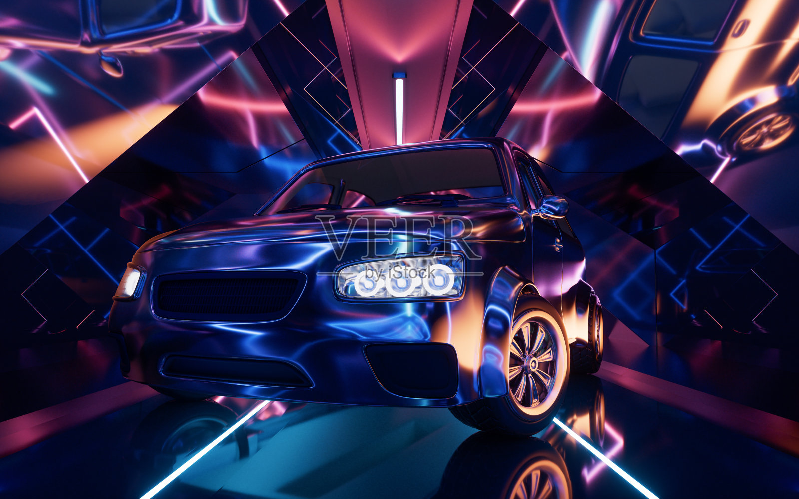 汽车在黑暗的霓虹灯隧道，3d渲染。照片摄影图片