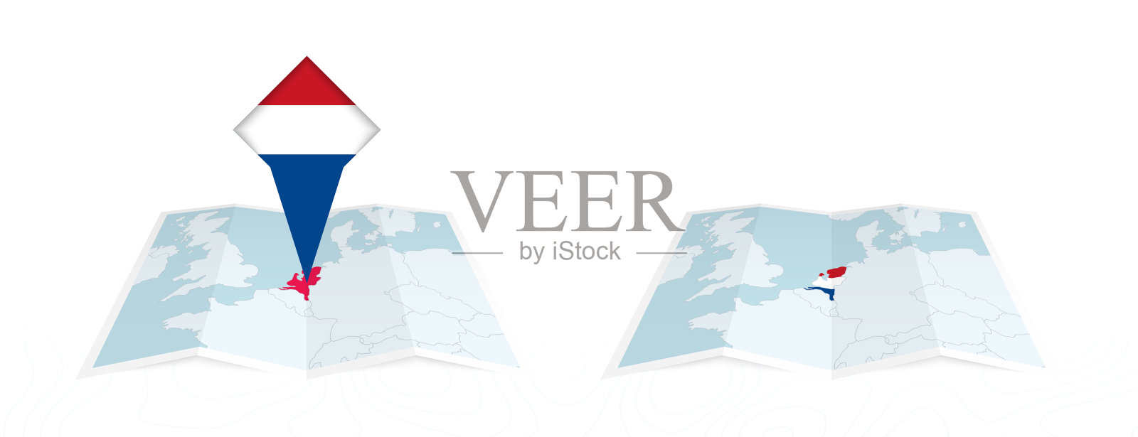荷兰折叠地图的两种版本，一种有国旗，另一种在地图等高线上有国旗。模板印刷和在线设计。插画图片素材