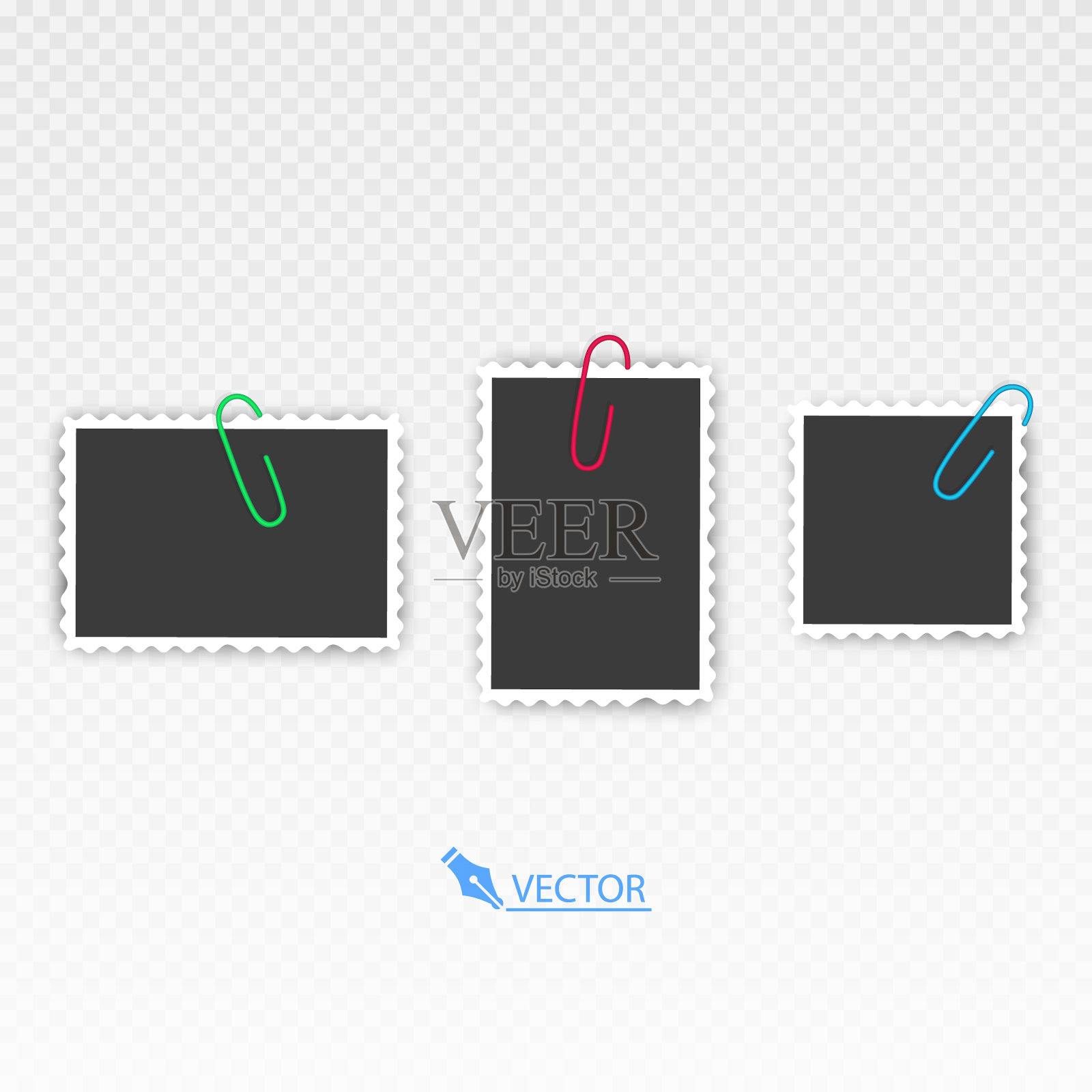 相框设置与空白的地方与胶带，回形针，活页夹上透明插画图片素材