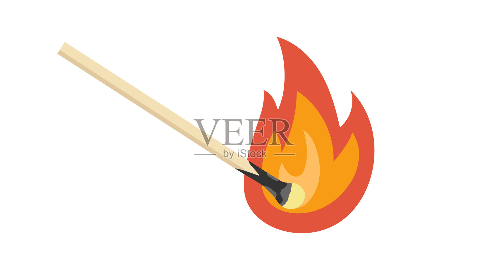 燃烧的匹配。生火的木火柴。点燃的火柴燃烧，火焰孤立在白色的背景上。矢量平面图标。插画图片素材
