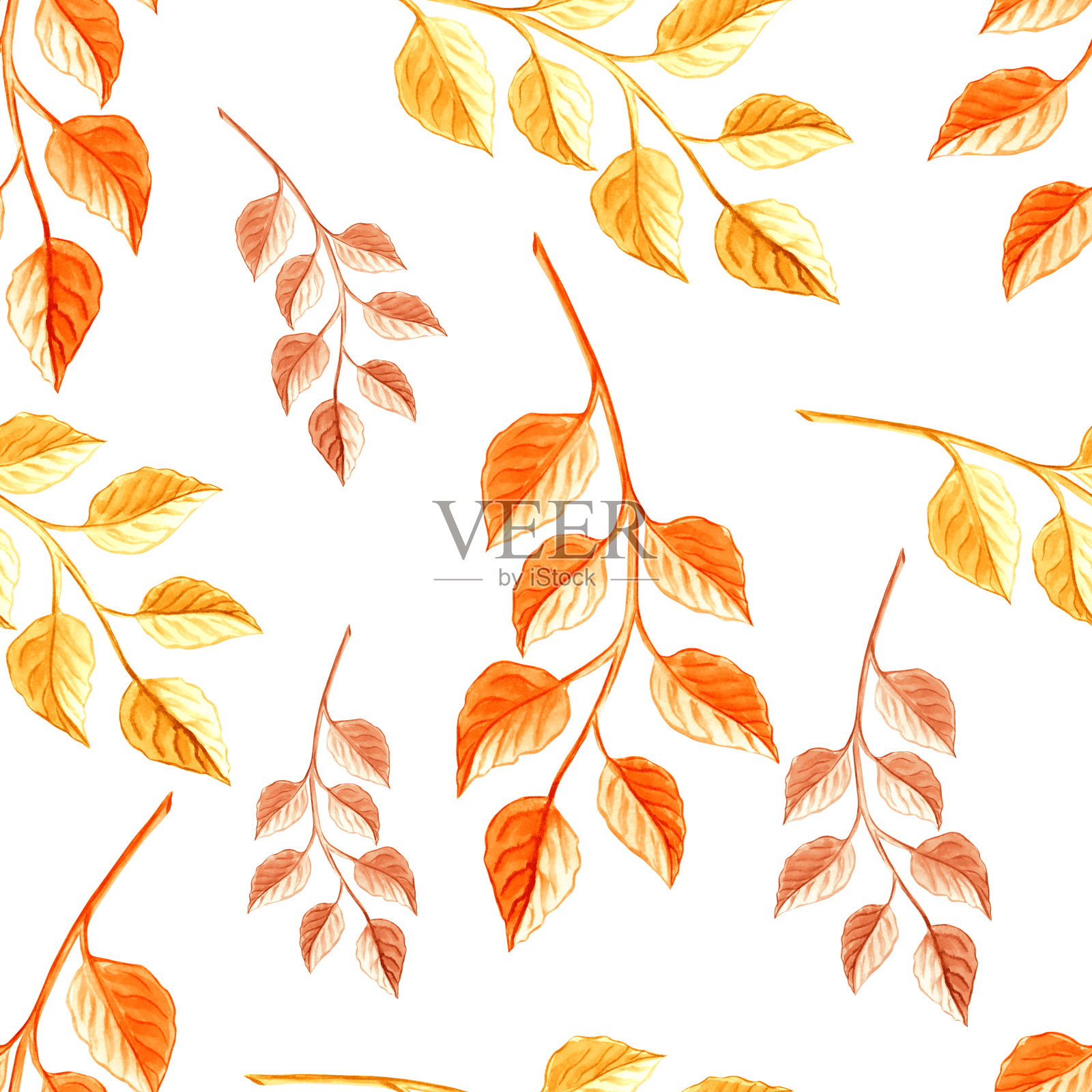 秋叶花纹无缝。秋叶植物背景图案填充。手绘水彩插图。感恩节的背景。模板墙纸，卡片，网站，封面，织物。插画图片素材