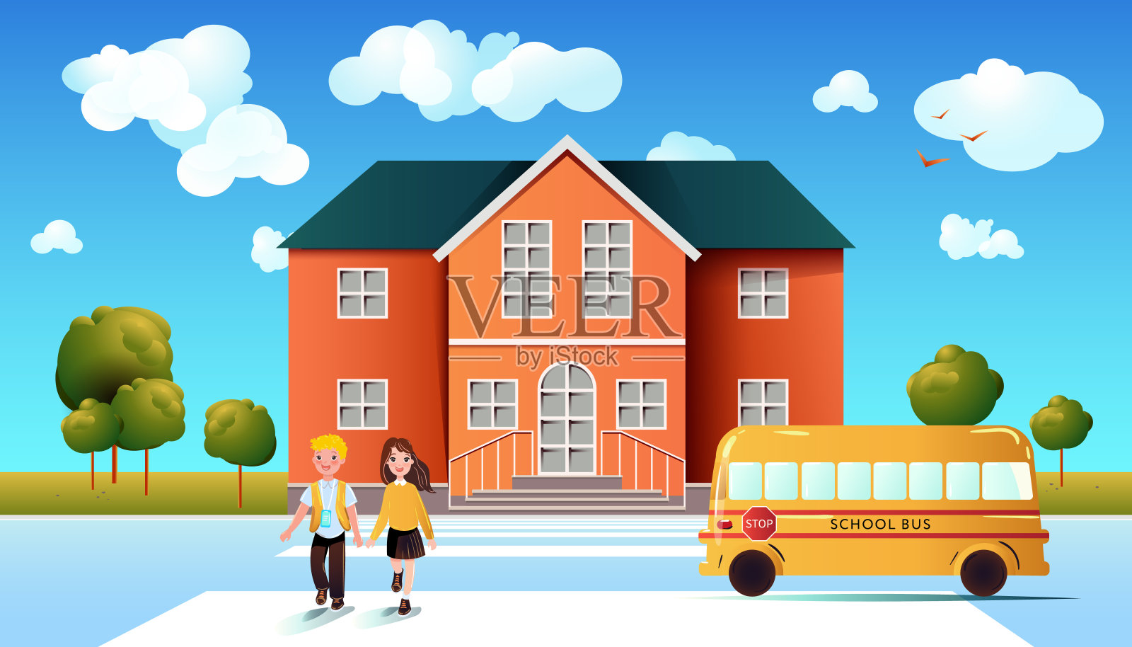 回归校园安全理念。孩子们坐在校车上。矢量卡通风格插图插画图片素材