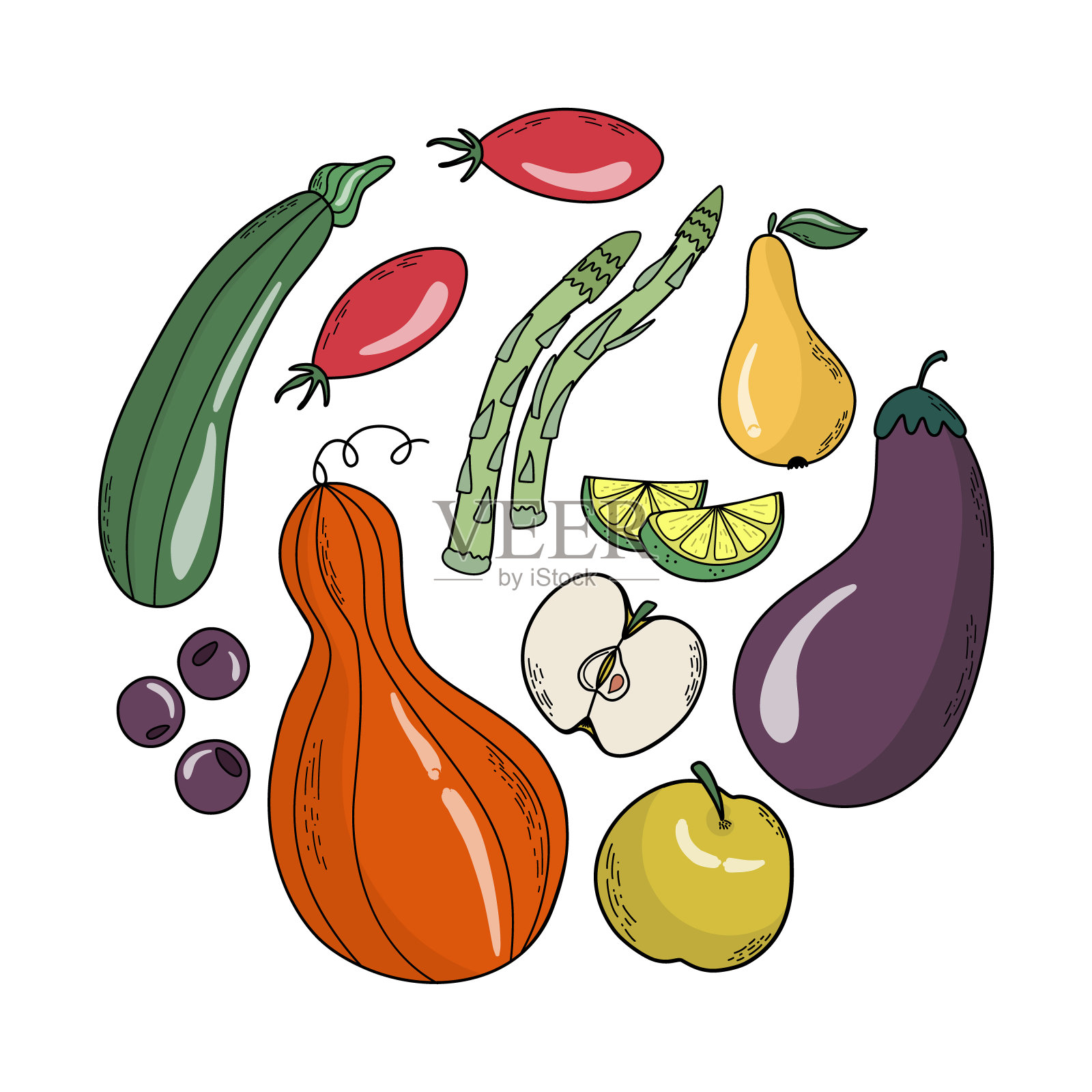 五颜六色的水果和蔬菜。新鲜健康的食物。素食日横幅。丰收节。手绘矢量插图。插画图片素材