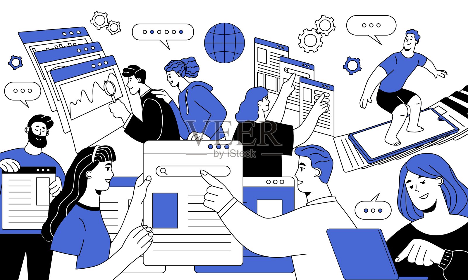 人们上网冲浪。快乐的人物在网上聊天，输入搜索查询，查找信息，使用电脑上的数字网站。轮廓矢量图插画图片素材