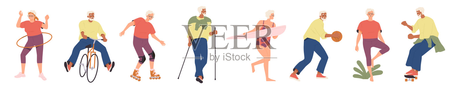 一组老年人做运动。快乐的退休祖父母骑自行车，打篮球和做瑜伽。户外活动和娱乐。平面矢量插图集合插画图片素材