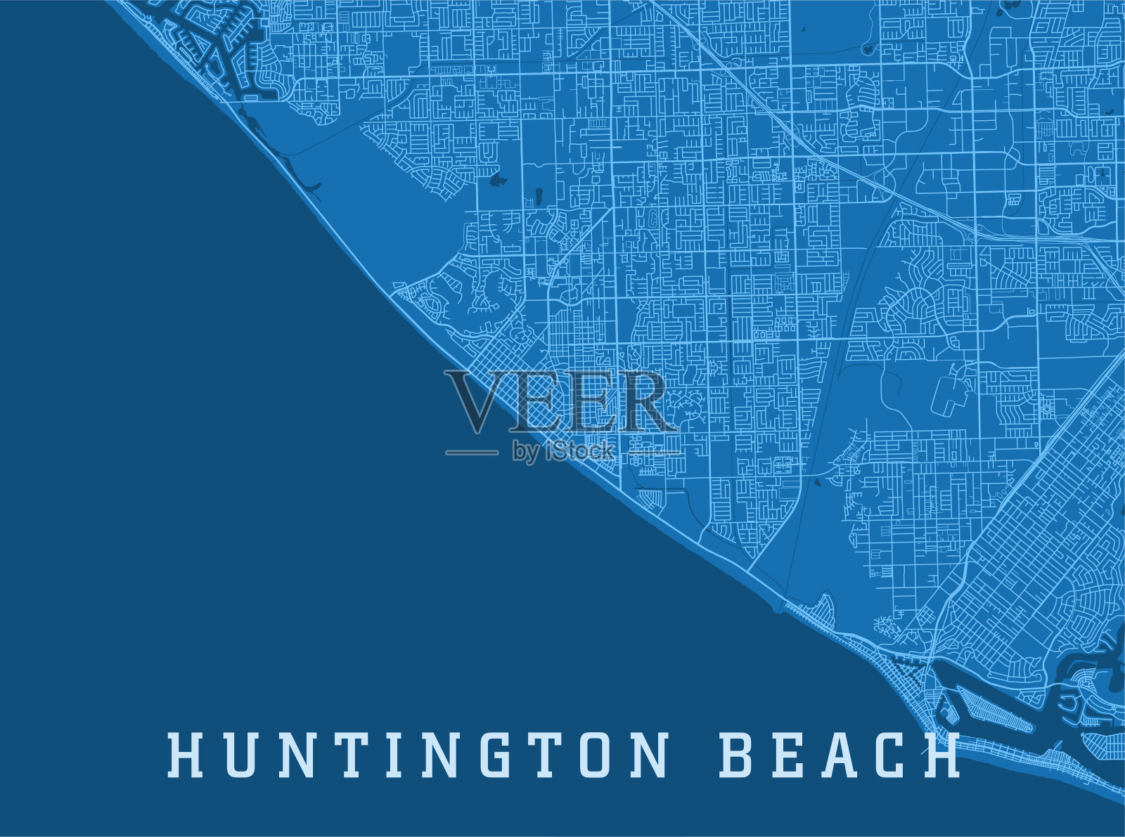 亨廷顿海滩CA城市矢量路线图蓝色水平插画图片素材