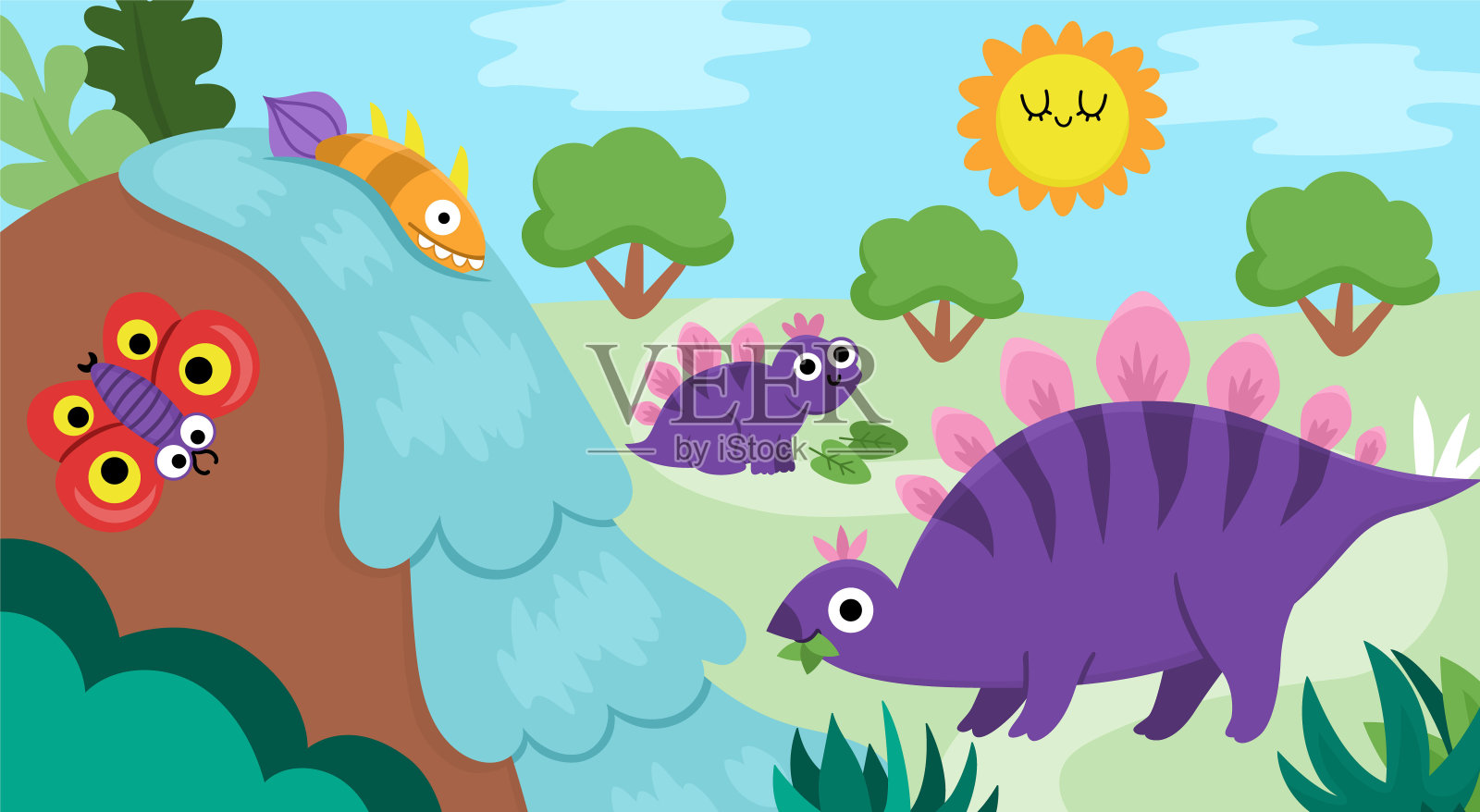 向量水平场景与剑龙和他的孩子吃树叶。恐龙景观插图。可爱的史前妈妈和宝宝的风景与瀑布，树，蝴蝶，鱼。有趣的恐龙场景给孩子们看插画图片素材
