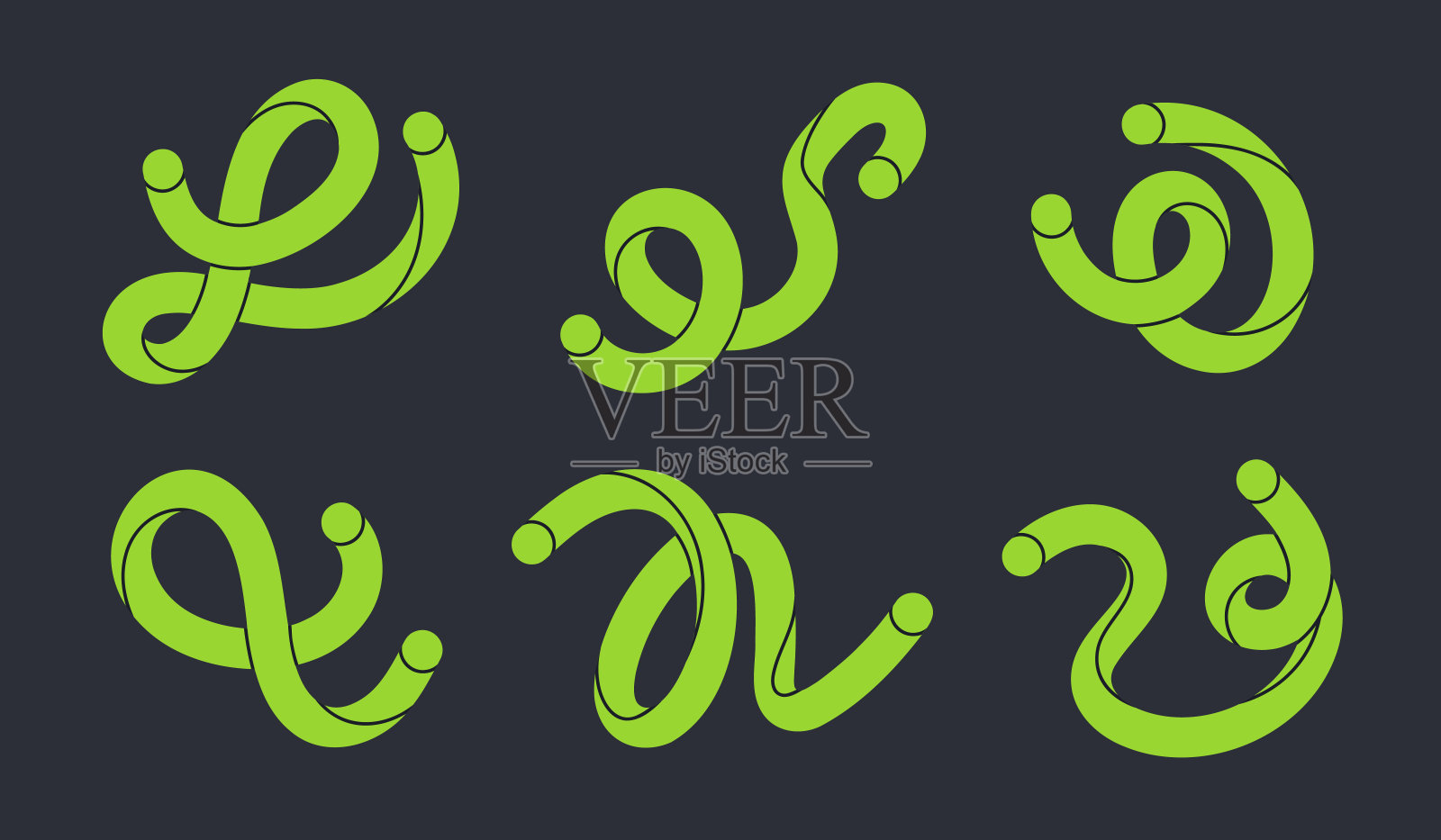 抽象的涂鸦扭曲的线条。五颜六色的绿色形状，有趣的极简主义风格涂鸦平面矢量插图集。手绘漫画涂鸦形状插画图片素材