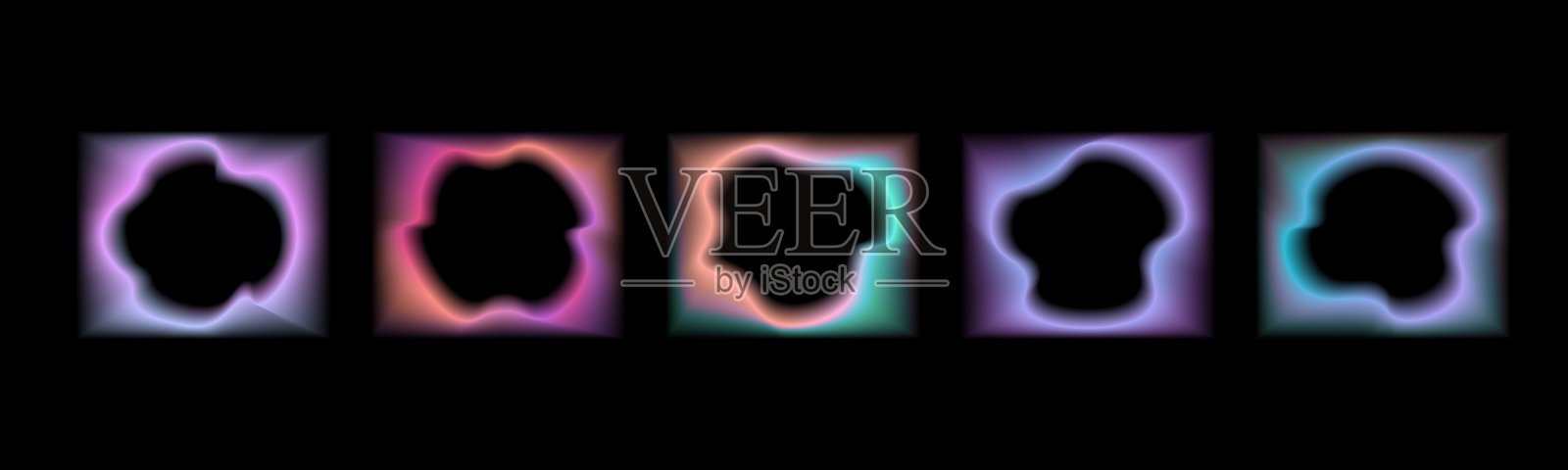 一组发光的彩色渐变矩形框架与内部模糊抽象形状。方形矢量框架与光环在黑色背景上的设计插画图片素材