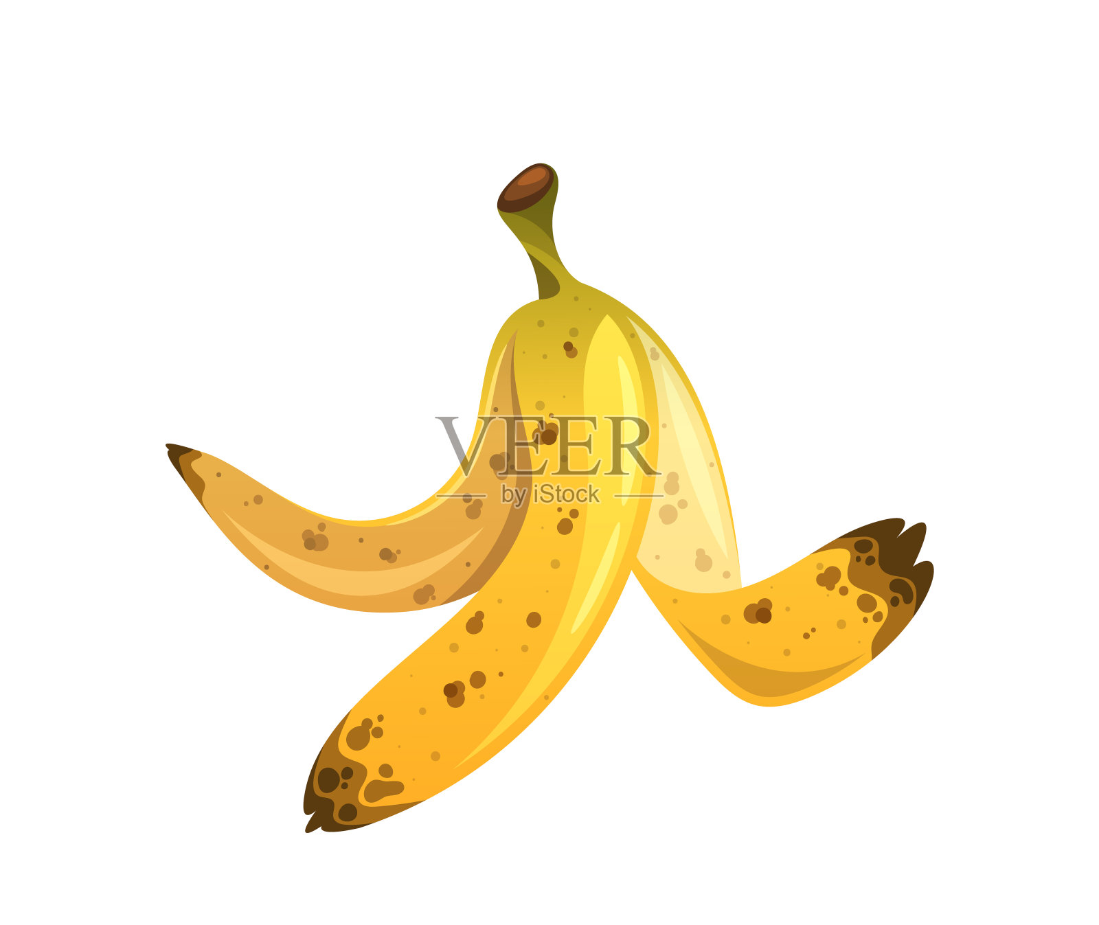 详细说明黄色香蕉皮与棕色斑点隔离在白色背景。卡通矢量图像插画图片素材