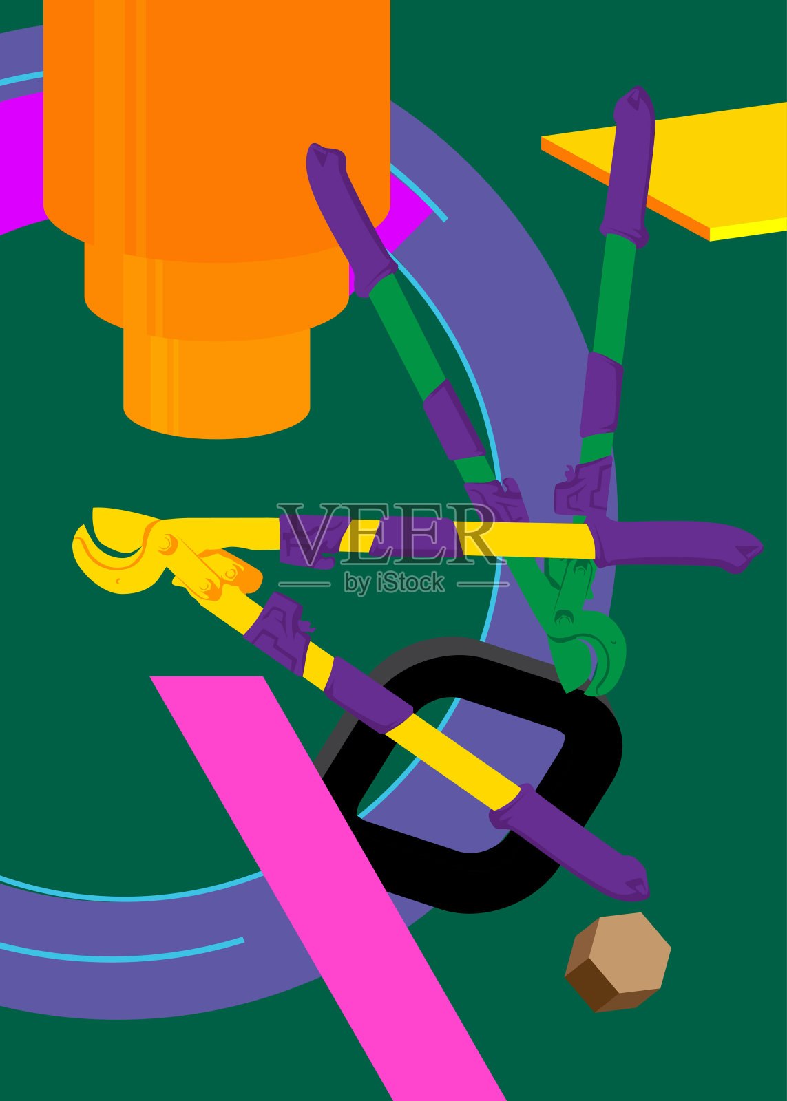 重型大型电缆切割机，旧刀具的电线或钢筋几何图形复古主题背景。最小几何元素。复古抽象形状矢量插图。插画图片素材