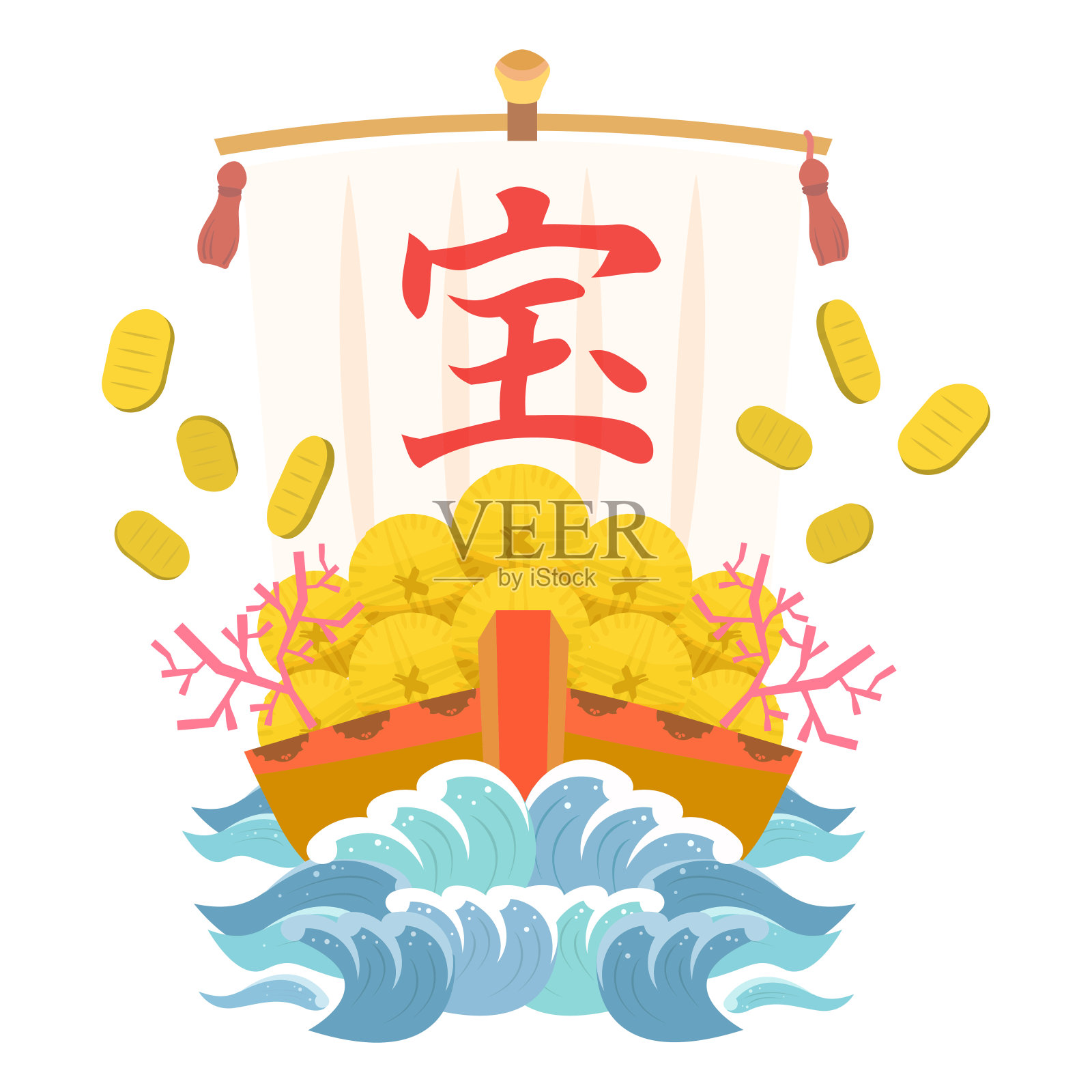 一艘宝船的插图，船上有许多珍宝，如奥班斯、稻捆和珊瑚插画图片素材