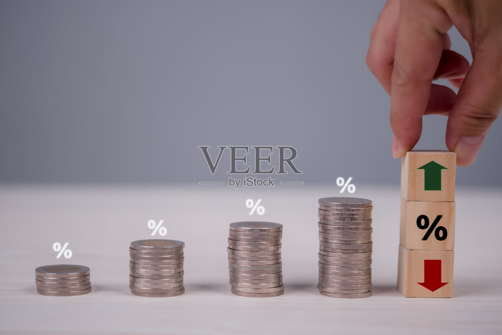 成堆的硬币，上面有显示金融增长和市场趋势的百分比符号，手里拿着带有箭头和百分比符号的木块照片摄影图片