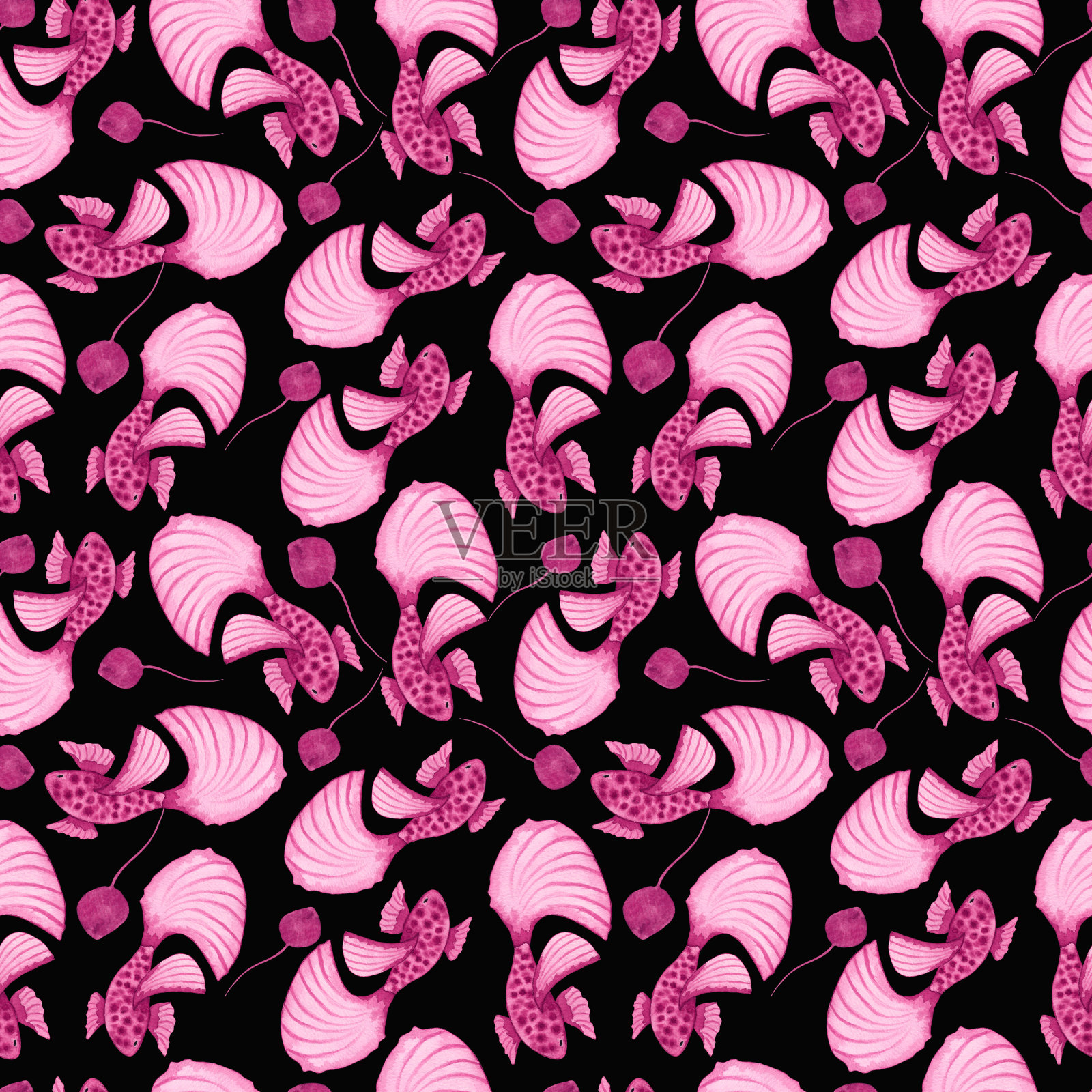 鱼与珊瑚的无缝图案。单色，粉色。水彩插图。简单，风格化的海洋动物风格。手绘孤立的背景。海洋动物的海底世界插画图片素材