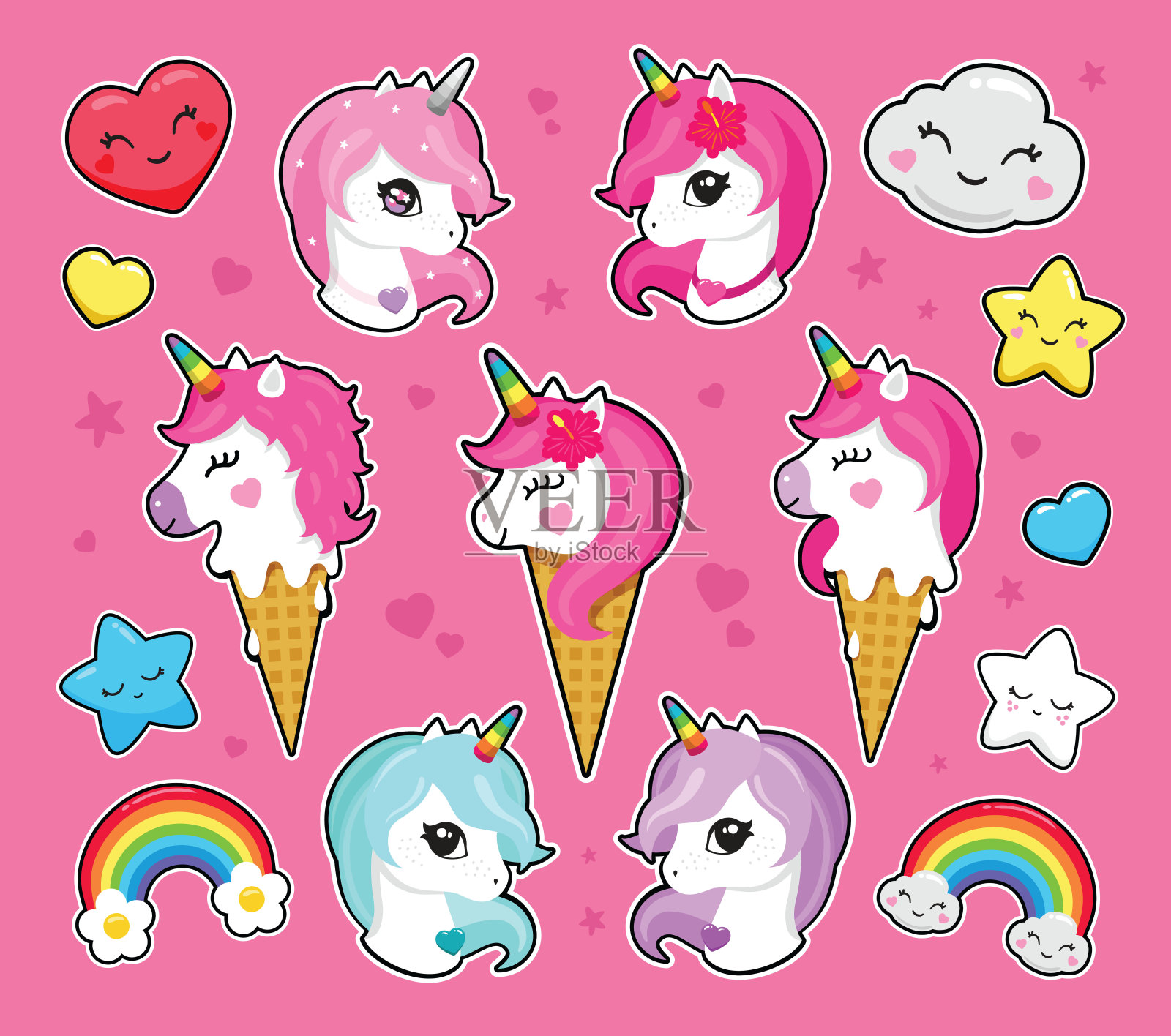 可爱的卡哇伊贴纸收集有趣的独角兽冰淇淋，彩虹，婴儿云，快乐的星星，心，卡通皇冠表情(涂鸦矢量图案)。多姿多彩的卡哇伊元素为儿童设计插画图片素材