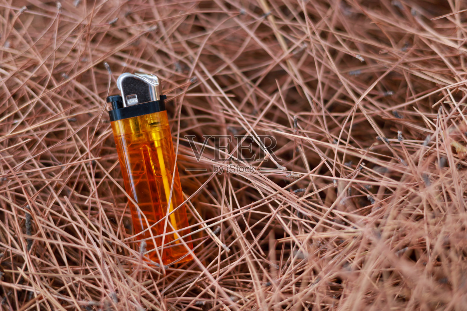 打火机在一堆松针的背景下照片摄影图片