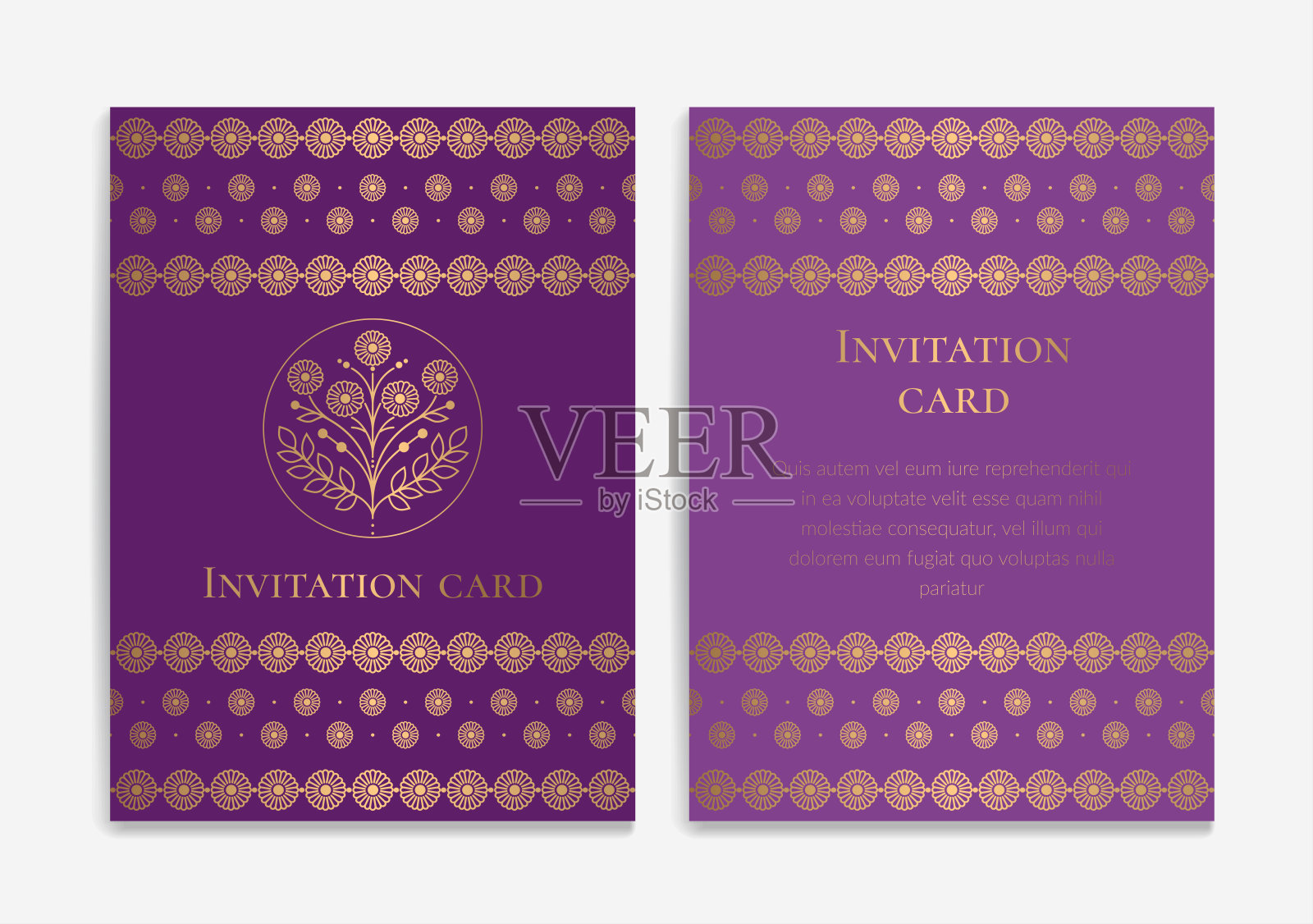 紫色和金色的豪华邀请卡设计与矢量装饰图案。的模板。可用于背景和壁纸。优雅和经典的矢量元素非常适合装饰。插画图片素材