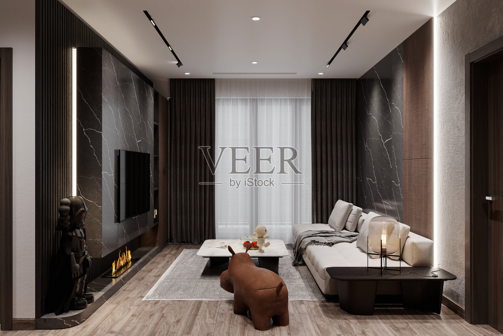 宽敞的客厅，壁炉，豪华沙发，室内设计的黑暗主题照片摄影图片