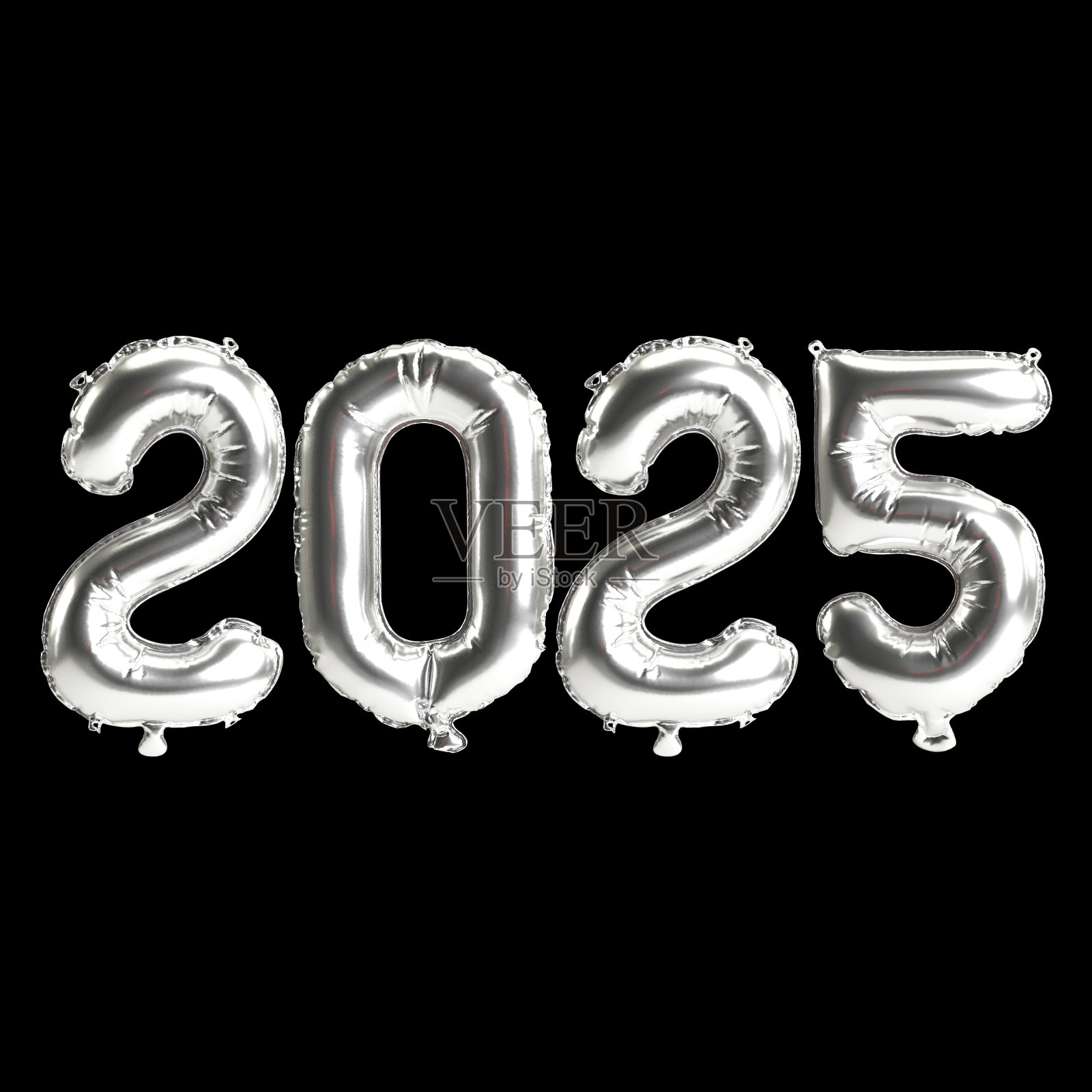 3D插图新年2025年气球上的银色，孤立的黑色背景照片摄影图片