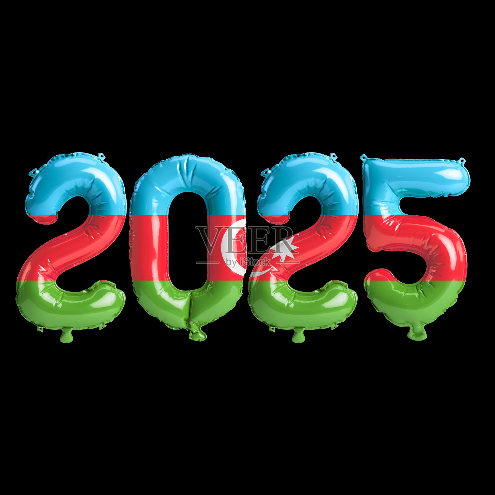 3D插图新的2025年气球上阿塞拜疆国旗的颜色，孤立的黑色背景照片摄影图片
