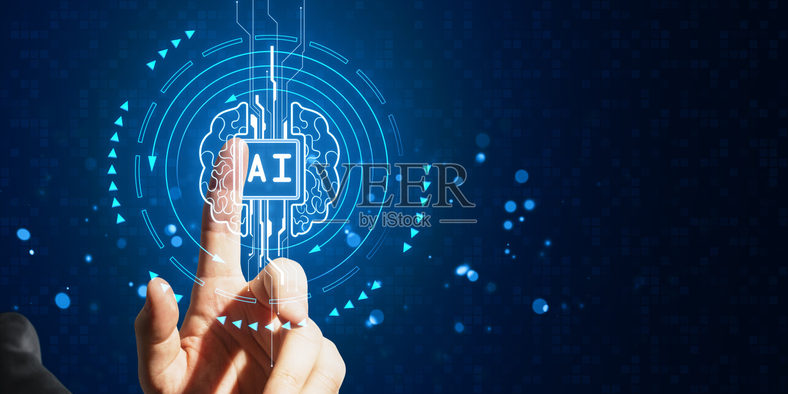 手指向AI大脑图标在数字未来的界面背景。照片摄影图片