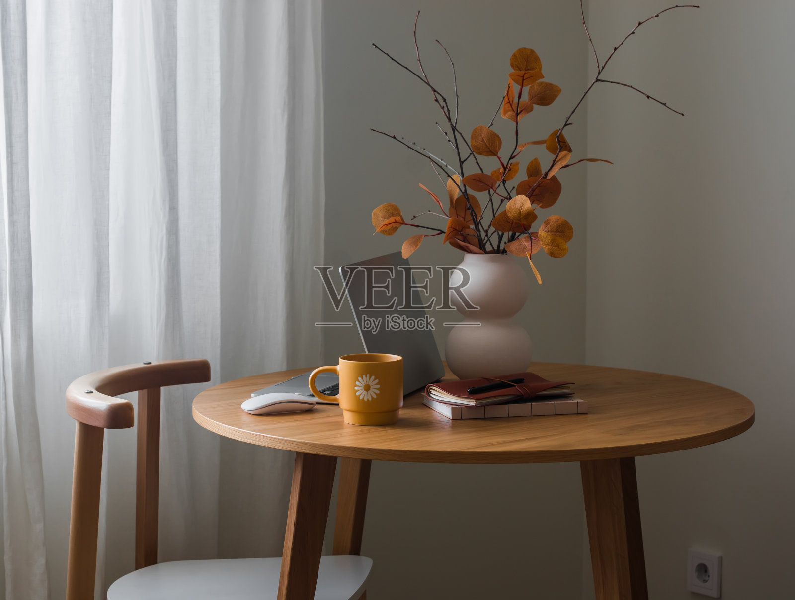 一台笔记本电脑，花瓶里的一束秋叶，客厅里木桌上的一杯咖啡照片摄影图片